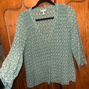 Joie Mint and Navy Printed V-Neck Blouse